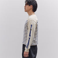Kapital Unisex 12G Panel Stripe Knit Boat-Neck Sweater (BONE Sleeve), ECRxBlue