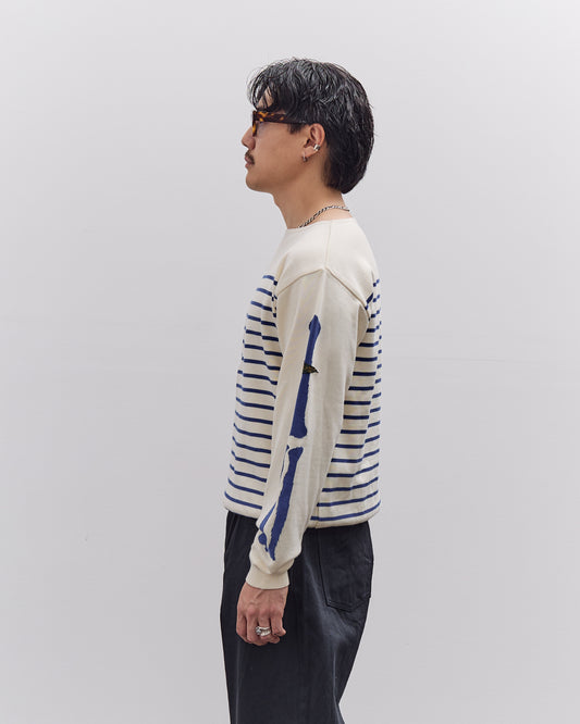 Kapital Unisex 12G Panel Stripe Knit Boat-Neck Sweater (BONE Sleeve), ECRxBlue