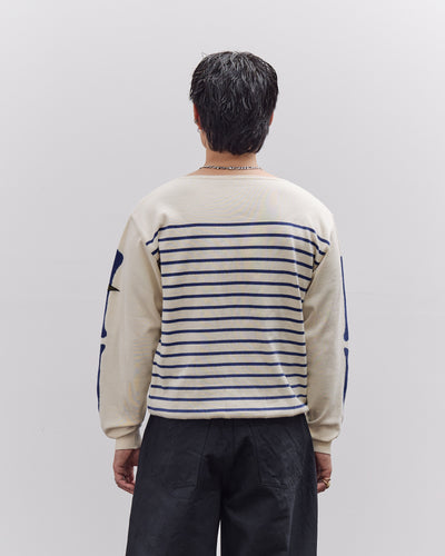 Kapital Unisex 12G Panel Stripe Knit Boat-Neck Sweater (BONE Sleeve), ECRxBlue
