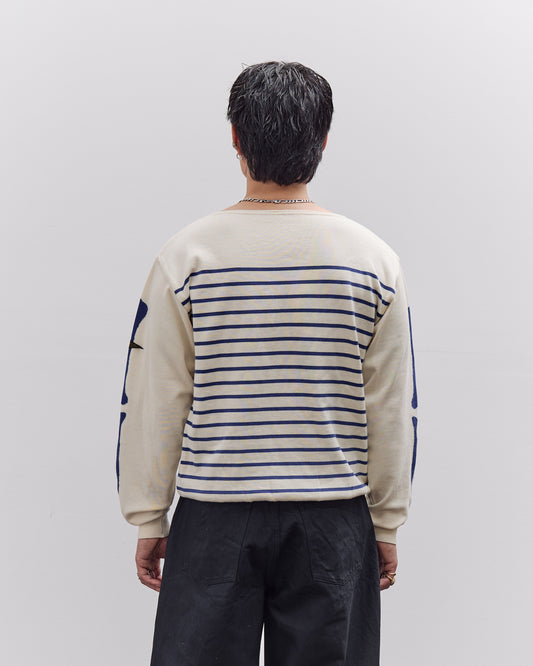 Kapital Unisex 12G Panel Stripe Knit Boat-Neck Sweater (BONE Sleeve), ECRxBlue