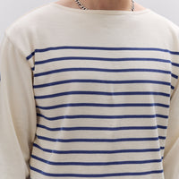 Kapital Unisex 12G Panel Stripe Knit Boat-Neck Sweater (BONE Sleeve), ECRxBlue
