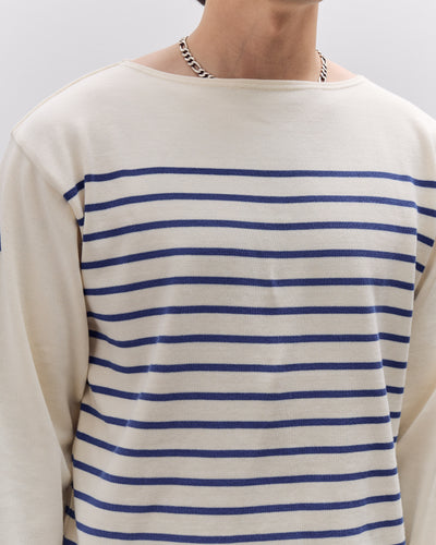 Kapital Unisex 12G Panel Stripe Knit Boat-Neck Sweater (BONE Sleeve), ECRxBlue