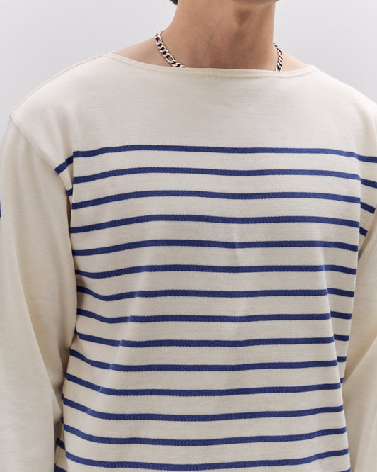 Kapital Unisex 12G Panel Stripe Knit Boat-Neck Sweater (BONE Sleeve), ECRxBlue