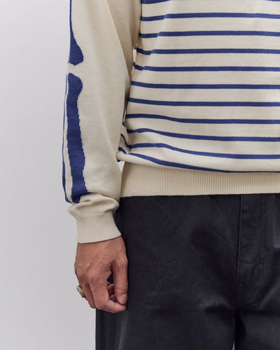 Kapital Unisex 12G Panel Stripe Knit Boat-Neck Sweater (BONE Sleeve), ECRxBlue