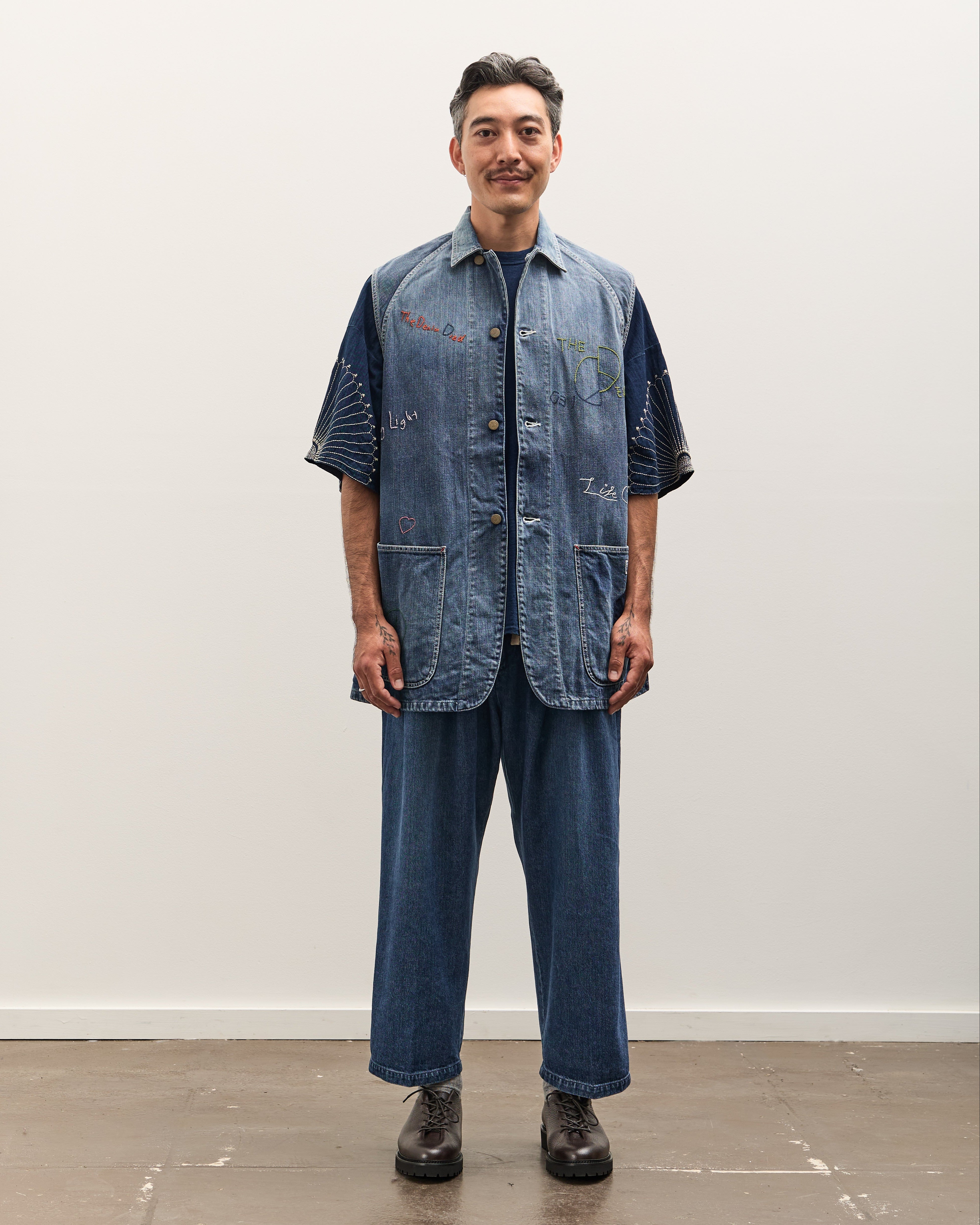 KAPITAL パッチワーク カバーオール デニム ジャケット Kapital 12oz Denim Non-Sleeve College Coverall (Memorial