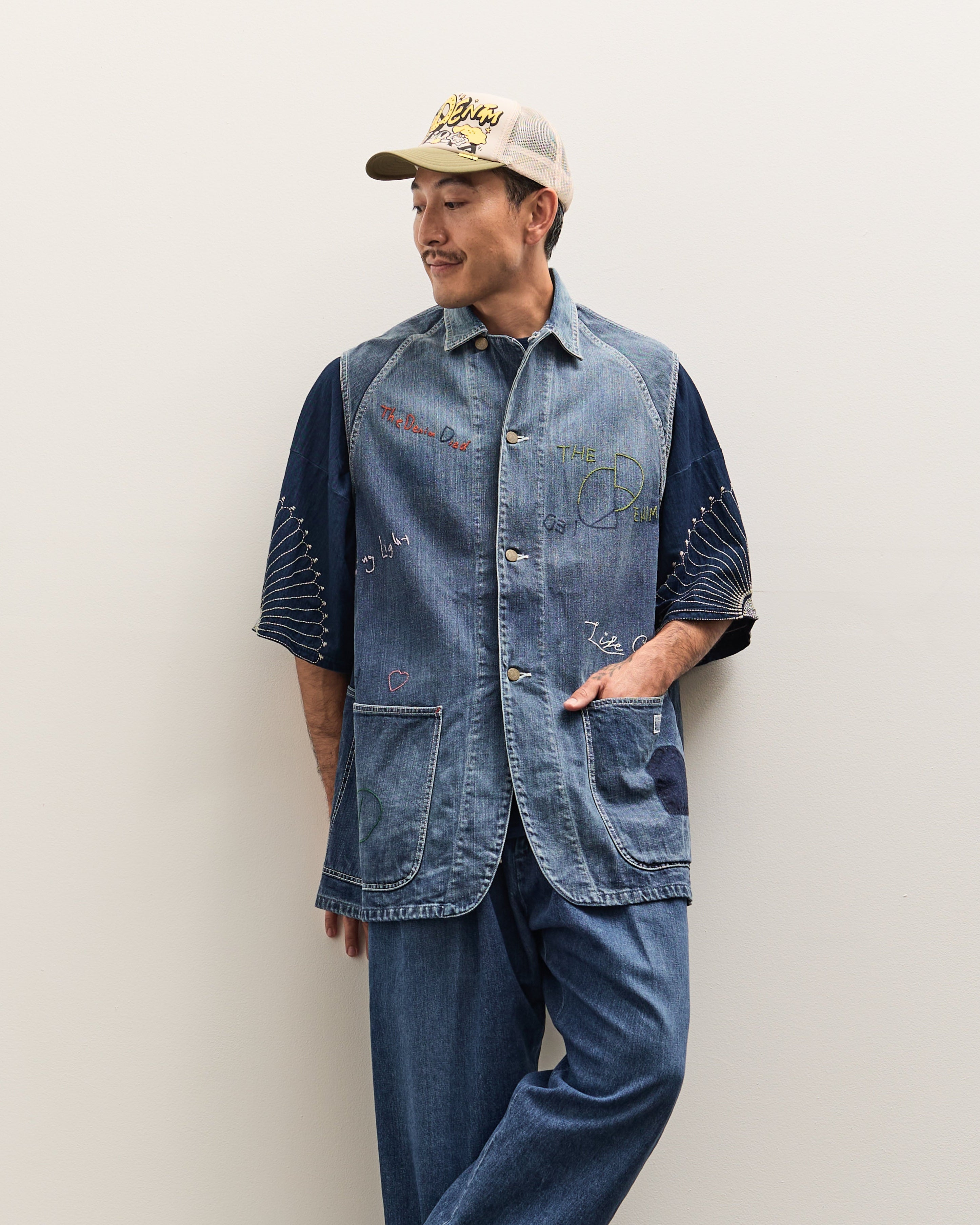 【即決済限定】rosyluce EMBROIDERY DENIM SET Kapital 12oz Denim Non-Sleeve College Coverall (Memorial