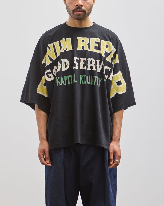 Kapital Unisex 18.5 Jersey Huge Tee, Black Denim Repair