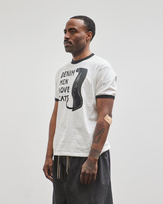 Kapital Unisex 20 Jersey Ringer T (DENIM MEN LOVE CATS SCRATCH), White