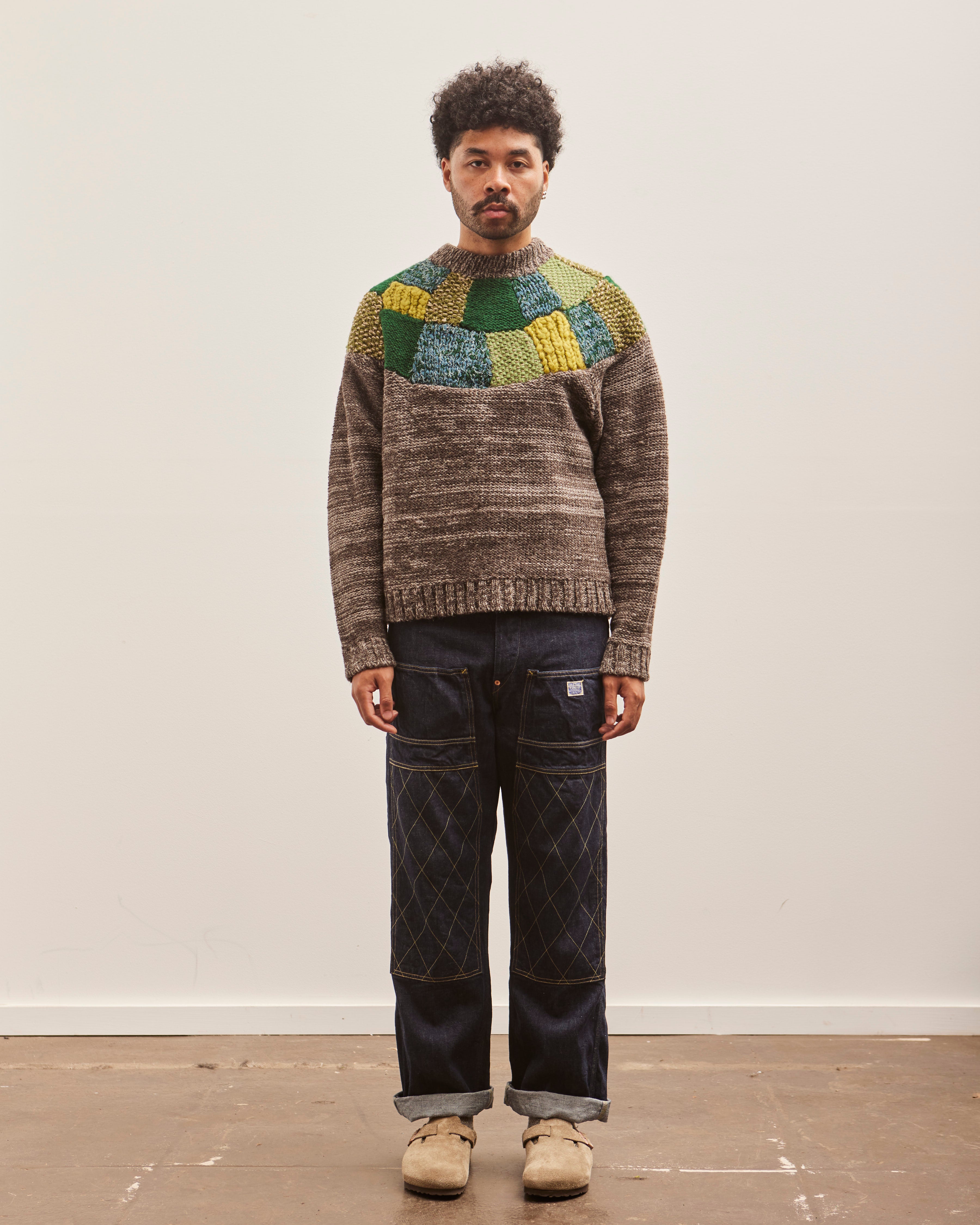 KAPITAL 3G Wool Tsugihagi ハンドニット セーター Kapital Unisex 3G Wool TUGIHAGI Crew Sweater, Green – Glasswing