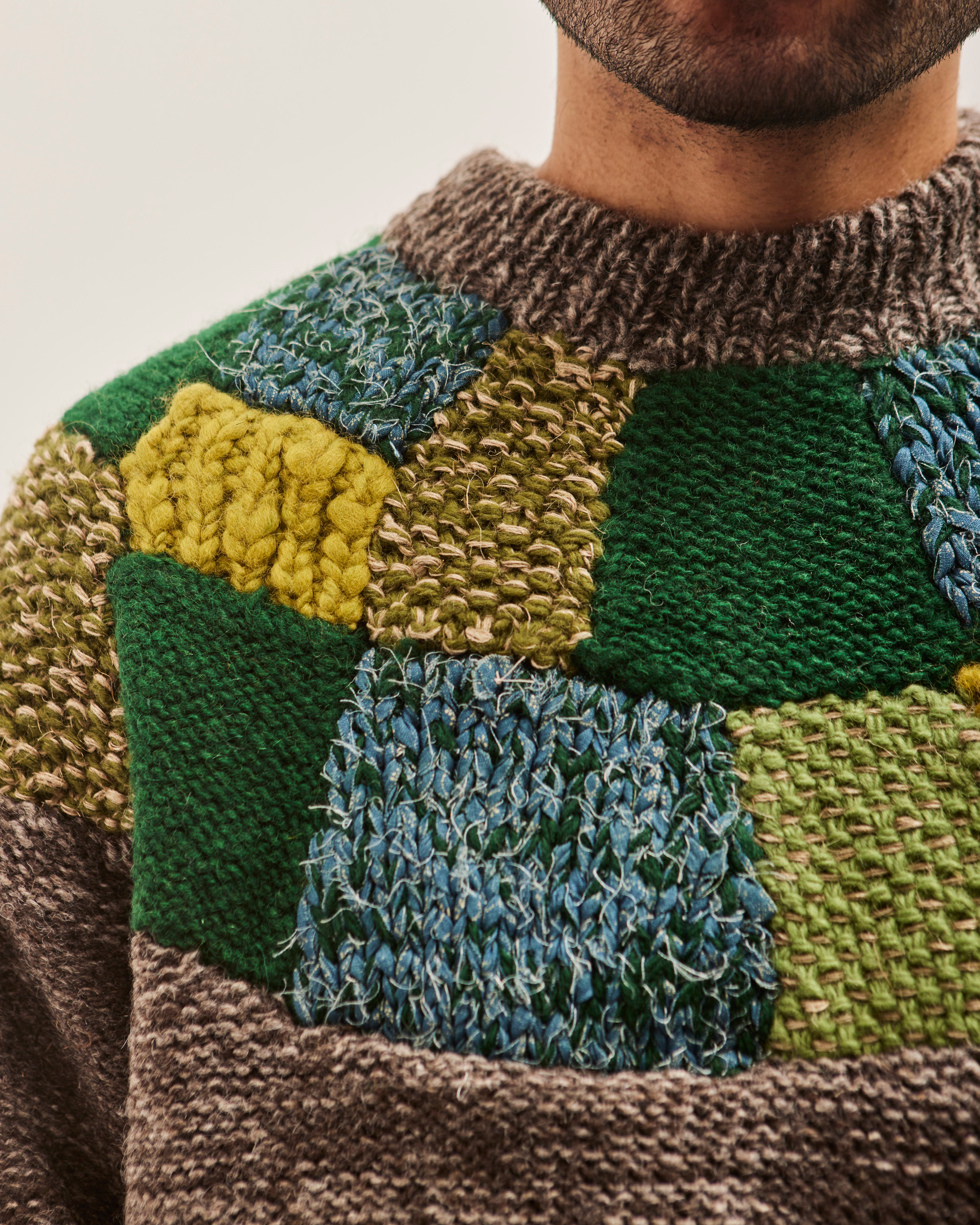 KAPITAL 3G Wool Tsugihagi ハンドニット セーター Kapital Unisex 3G Wool TUGIHAGI Crew Sweater, Green – Glasswing