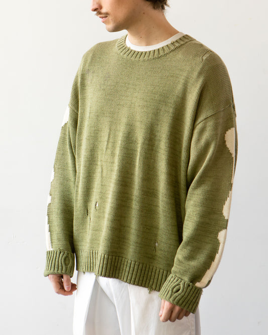 Kapital 5G Cotton Knit BONE Crew Sweater, Khaki