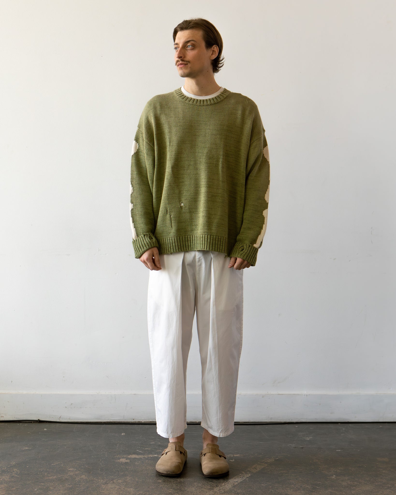 Kapital 5G Cotton Knit BONE Crew Sweater, Khaki | Glasswing
