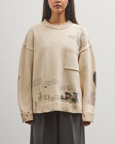 Kapital 5G Cotton Knit Crew Sweater (Memorial Paint Model), Ecru