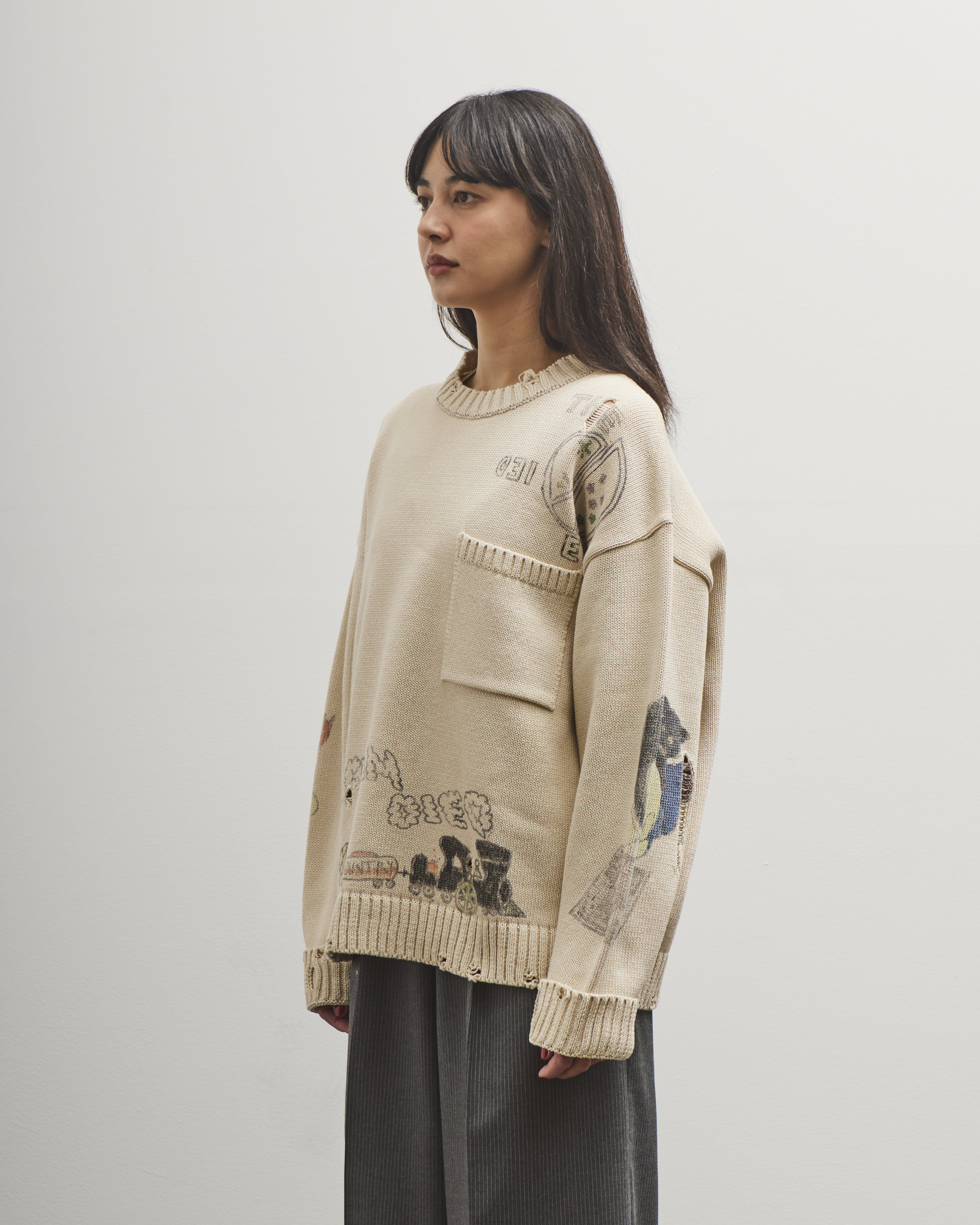 Kapital memorial Paint 5G KNIT ニット Kapital 5G Cotton Knit Crew Sweater (Memorial Paint Model), Ecru