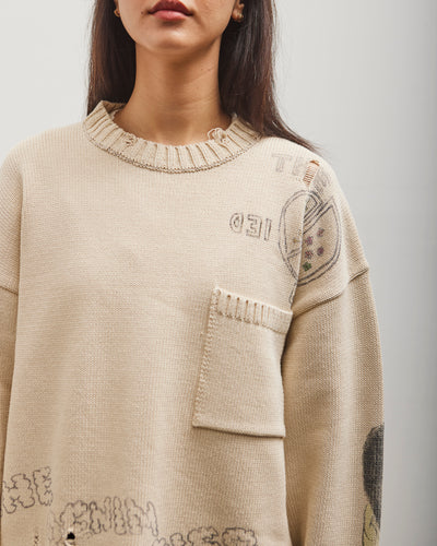 Kapital 5G Cotton Knit Crew Sweater (Memorial Paint Model), Ecru