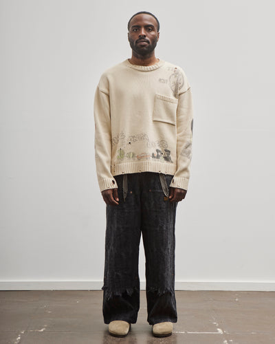 Kapital Unisex 5G Cotton Knit Crew Sweater (Memorial Paint Model), Ecru
