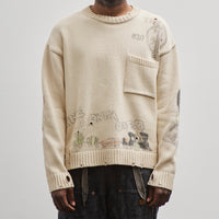 Kapital Unisex 5G Cotton Knit Crew Sweater (Memorial Paint Model), Ecru