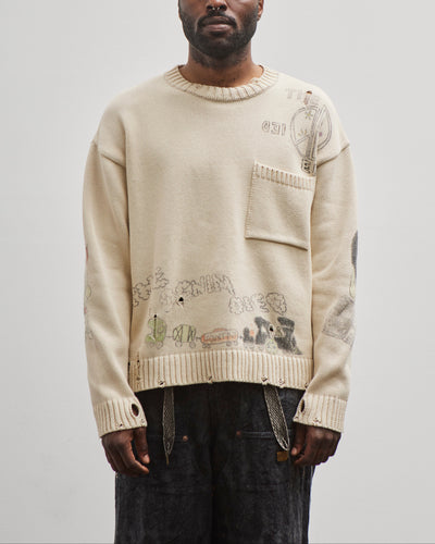 Kapital Unisex 5G Cotton Knit Crew Sweater (Memorial Paint Model), Ecru