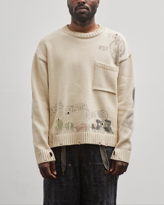 Kapital Unisex 5G Cotton Knit Crew Sweater (Memorial Paint Model), Ecru