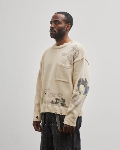 Kapital Unisex 5G Cotton Knit Crew Sweater (Memorial Paint Model), Ecru