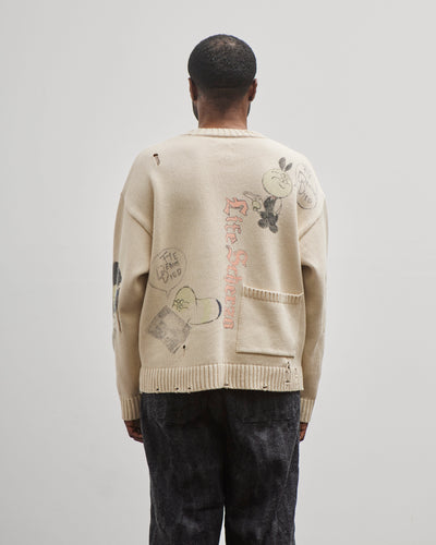 Kapital Unisex 5G Cotton Knit Crew Sweater (Memorial Paint Model), Ecru