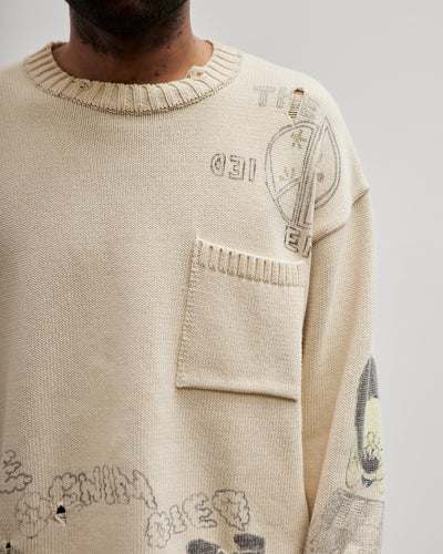 Kapital Unisex 5G Cotton Knit Crew Sweater (Memorial Paint Model), Ecru