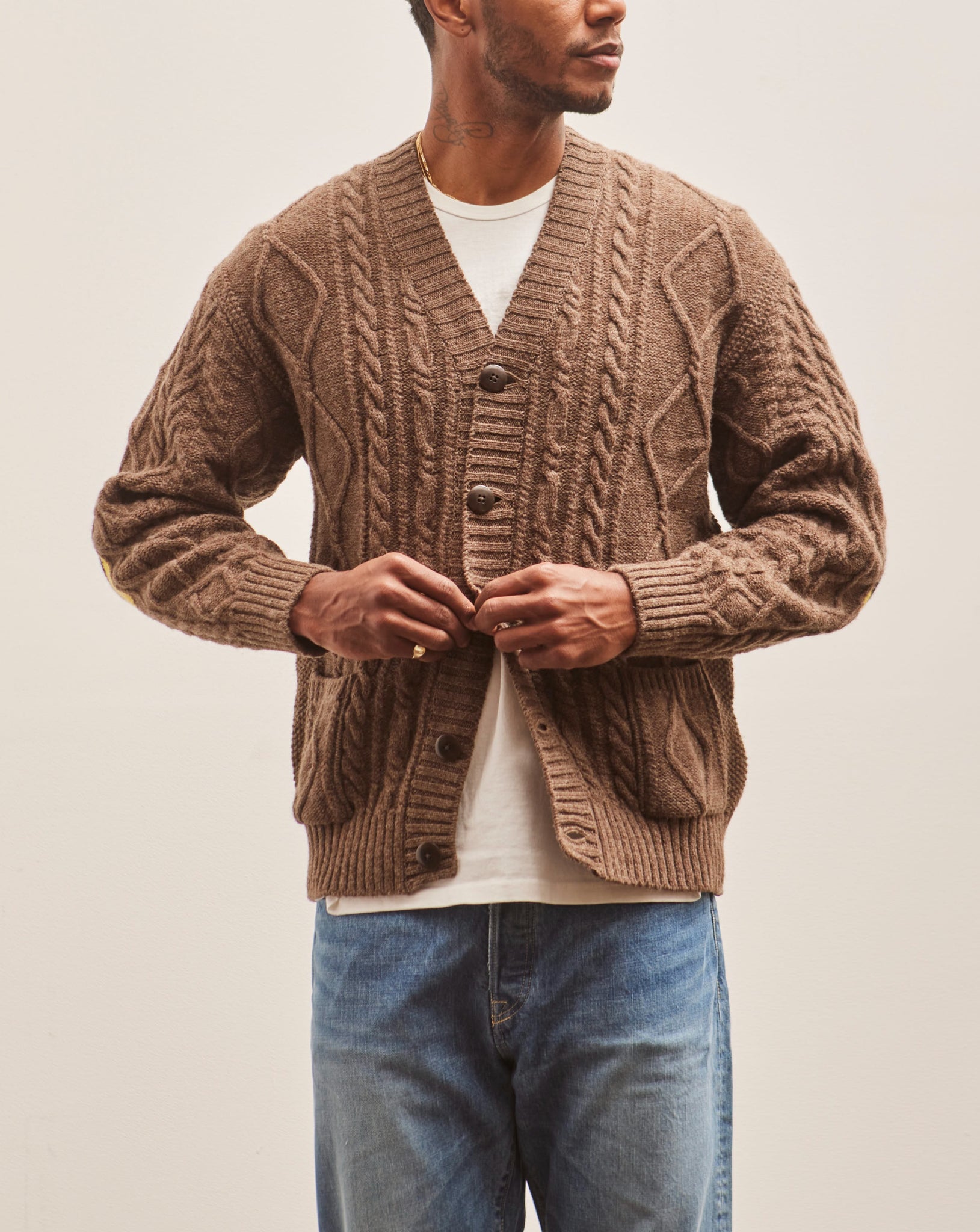 Kapital Unisex 5G Wool Cable Knit Elbow CATPITAL Cardigan, Moca Brown