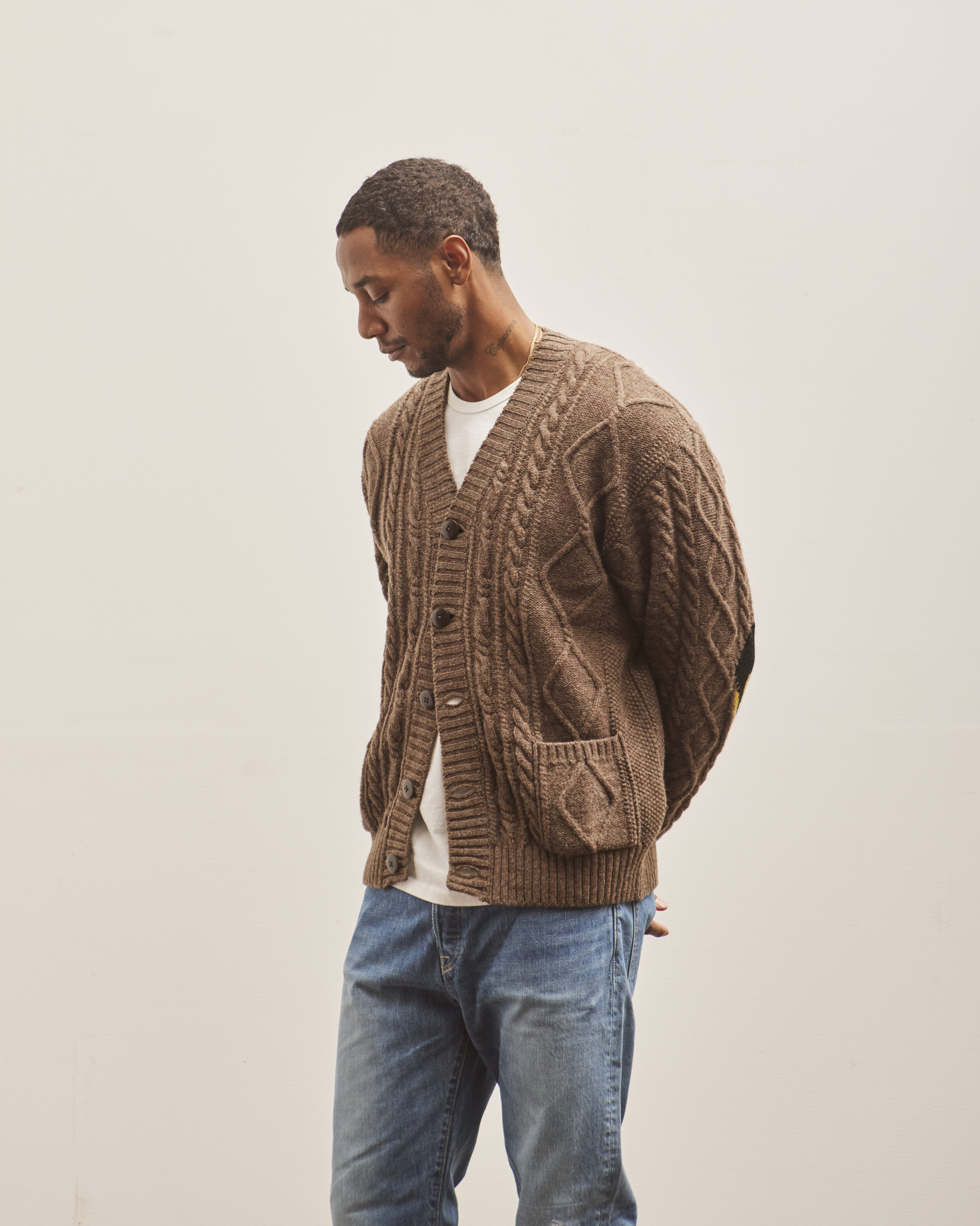 Kapital Unisex 5G Wool Cable Knit Elbow CATPITAL Cardigan, Moca