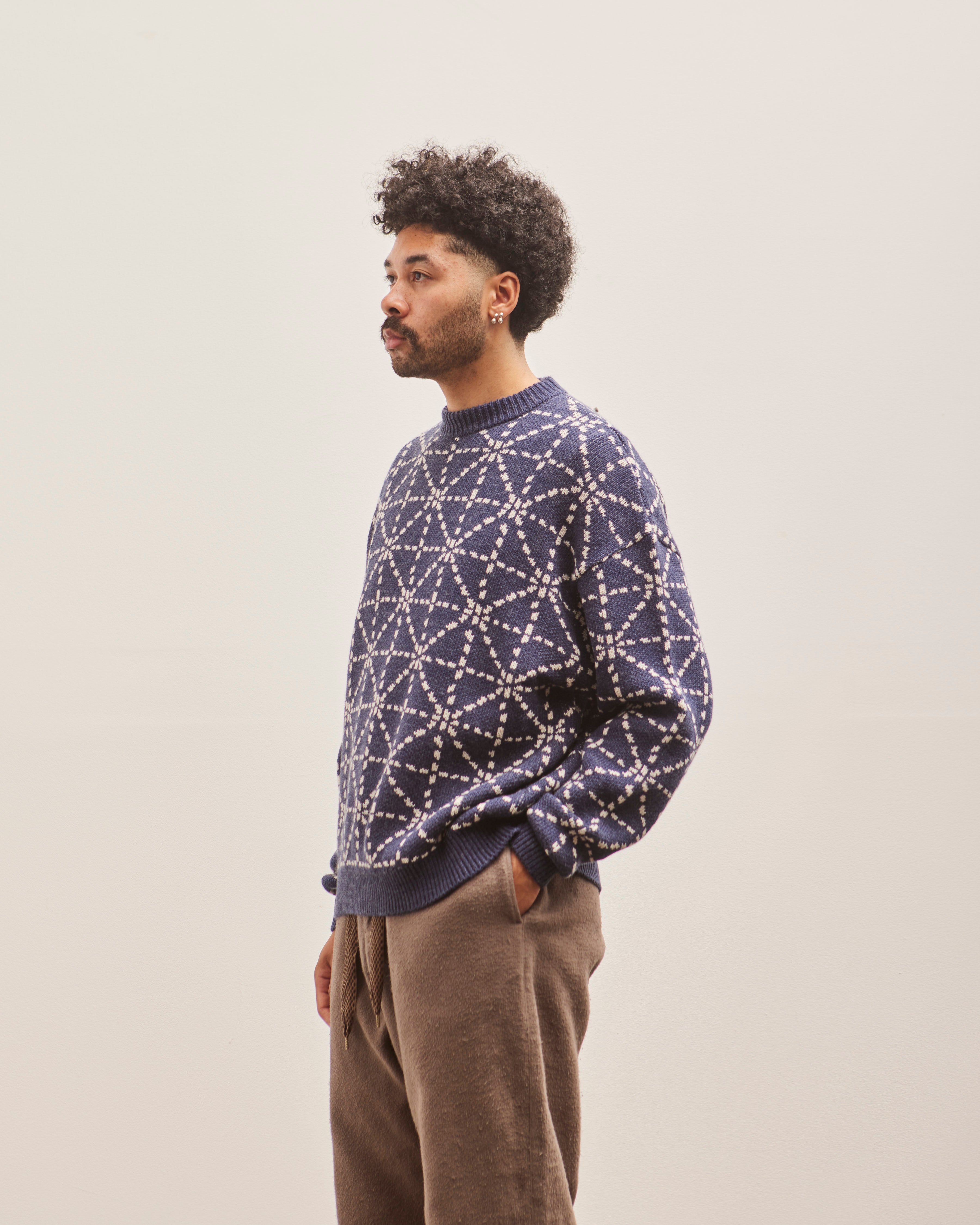 kapital 初期 刺子 ニット Kapital 5G Wool DOJO SASHIKO Crew Sweater, Navy – Glasswing