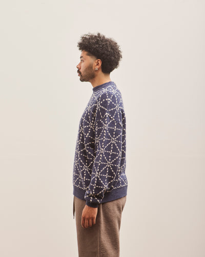 Kapital 5G Wool DOJO SASHIKO Crew Sweater, Navy