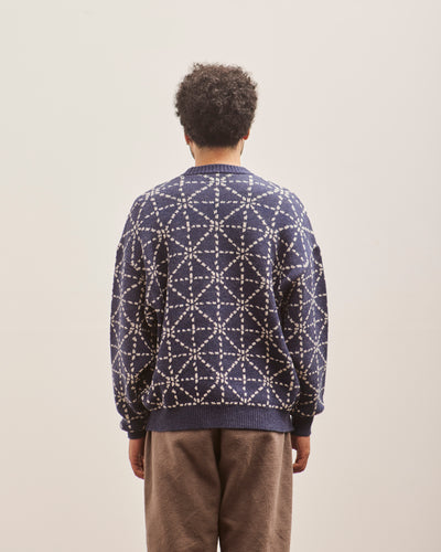 Kapital 5G Wool DOJO SASHIKO Crew Sweater, Navy