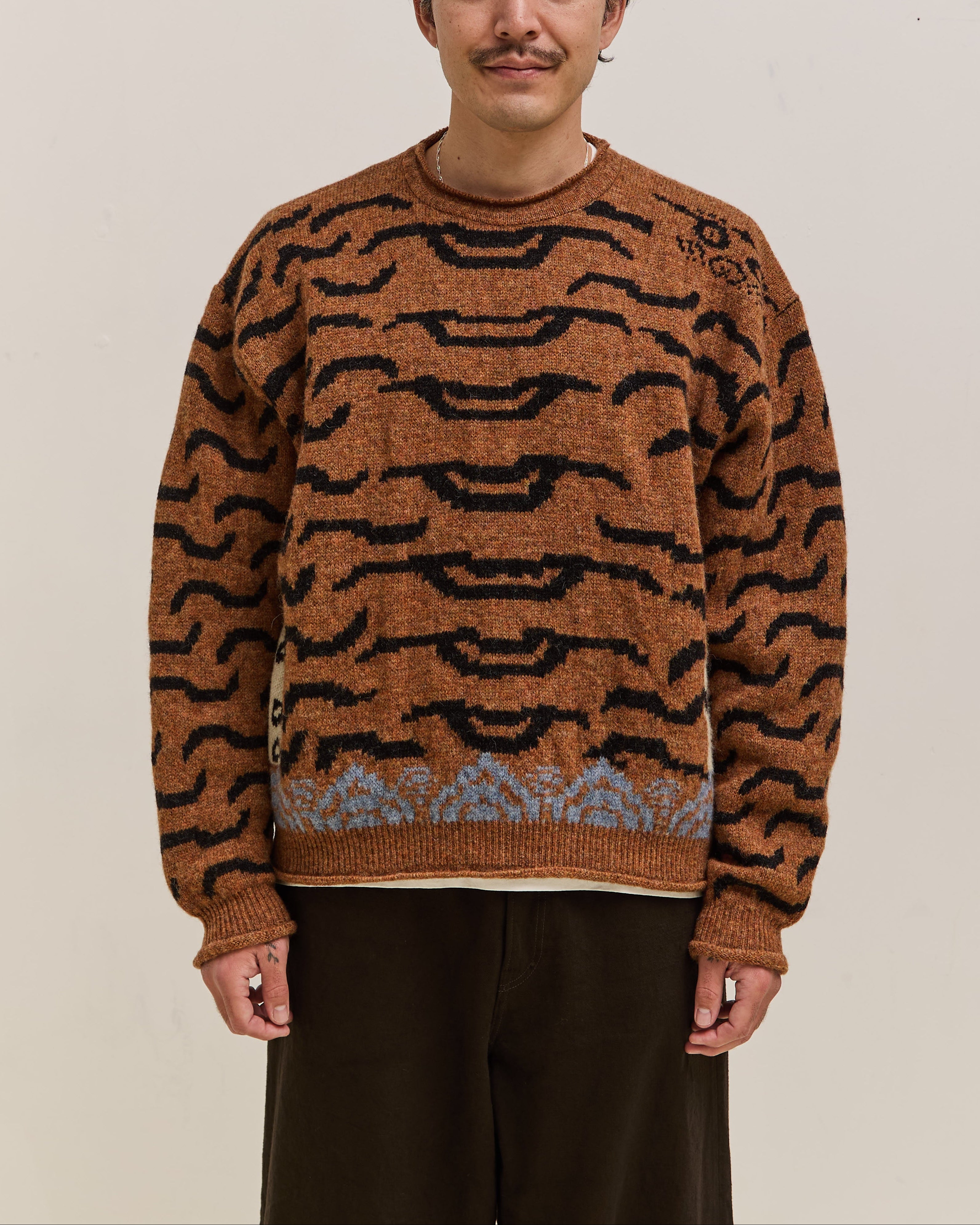 Kapital 7G Wool Nepal Tiger Crew Knit Sweater Unisex, Orange