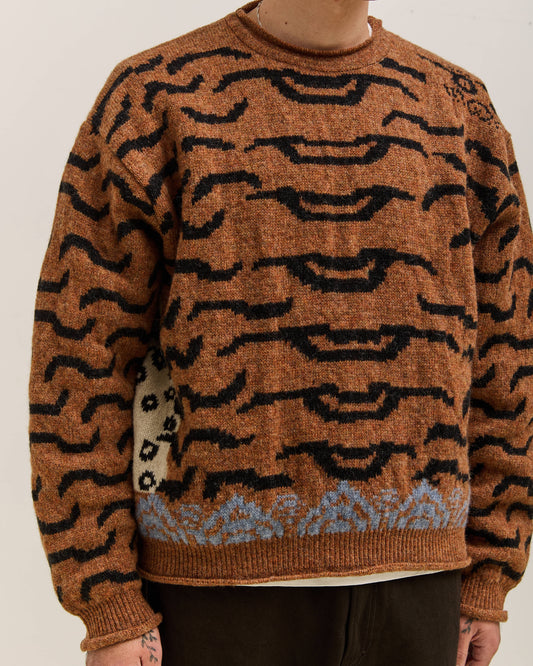 Kapital 7G Wool Nepal Tiger Crew Knit Sweater Unisex, Orange