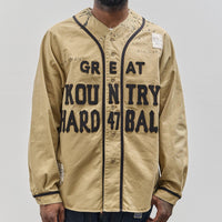 Kapital Kountry Unisex Damaged Baseball Long Sleeve Shirt, Beige