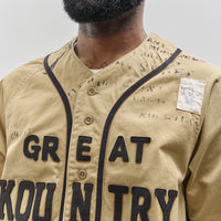 Kapital Kountry Unisex Damaged Baseball Long Sleeve Shirt, Beige