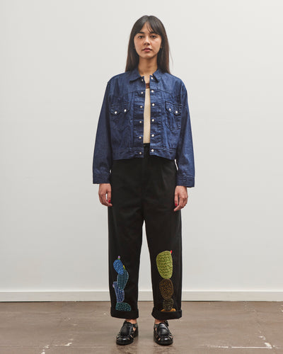 Kapital Chino High Waisted NIME Pants (CACTUS Embroidery), Black