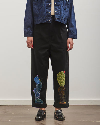 Kapital Chino High Waisted NIME Pants (CACTUS Embroidery), Black