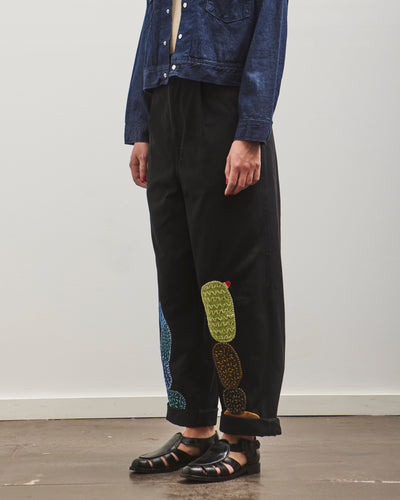 Kapital Chino High Waisted NIME Pants (CACTUS Embroidery), Black