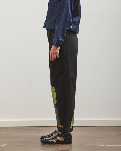 Kapital Chino High Waisted NIME Pants (CACTUS Embroidery), Black