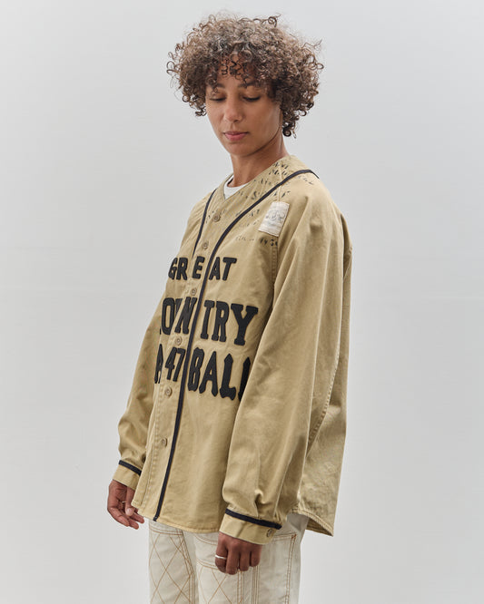 Kapital Kountry Damaged Baseball Long Sleeve Shirt, Beige