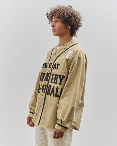 Kapital Kountry Damaged Baseball Long Sleeve Shirt, Beige