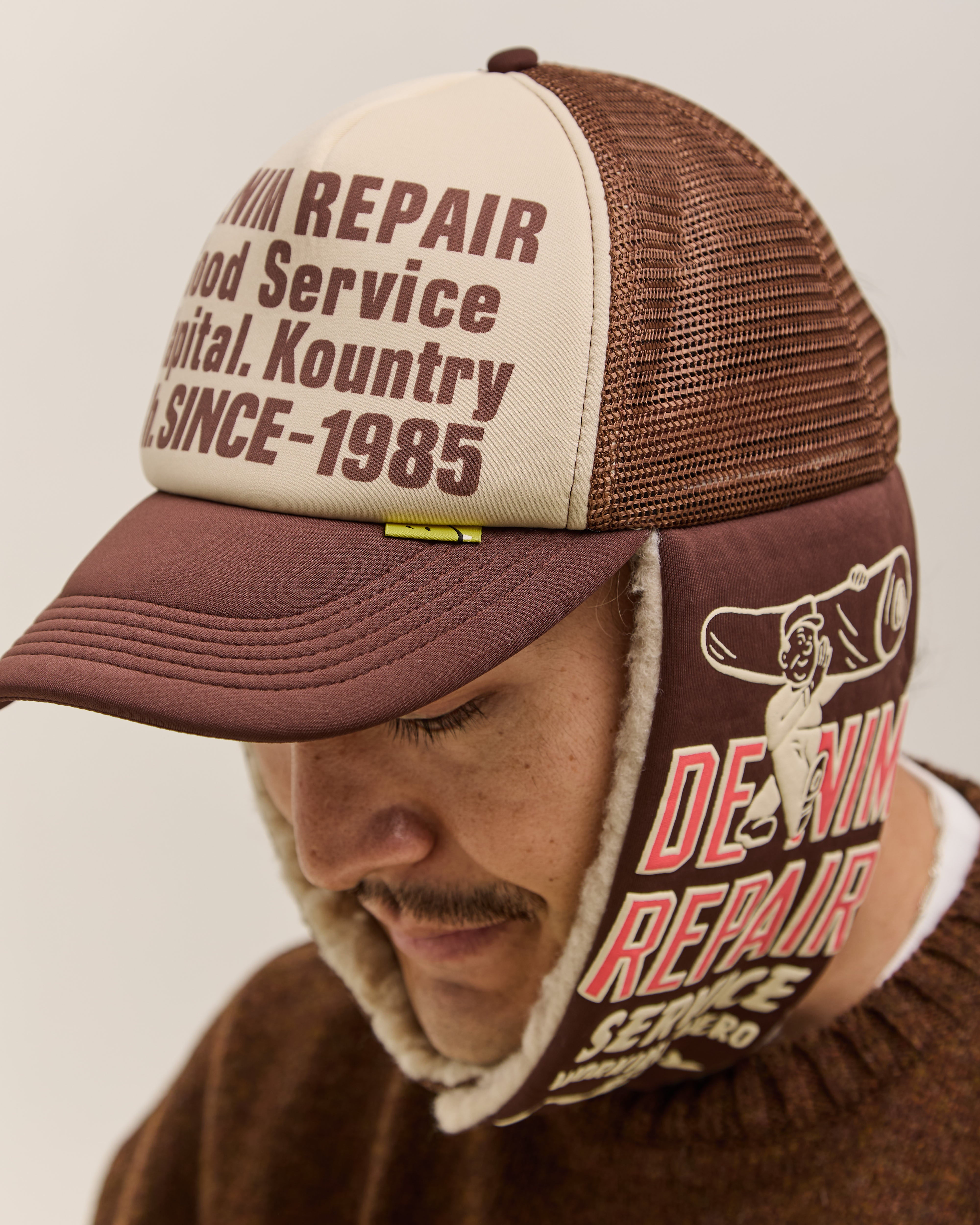 Kapital Denim Repair Service Lumber Trucker Cap, Ecrxbrwn – Glasswing