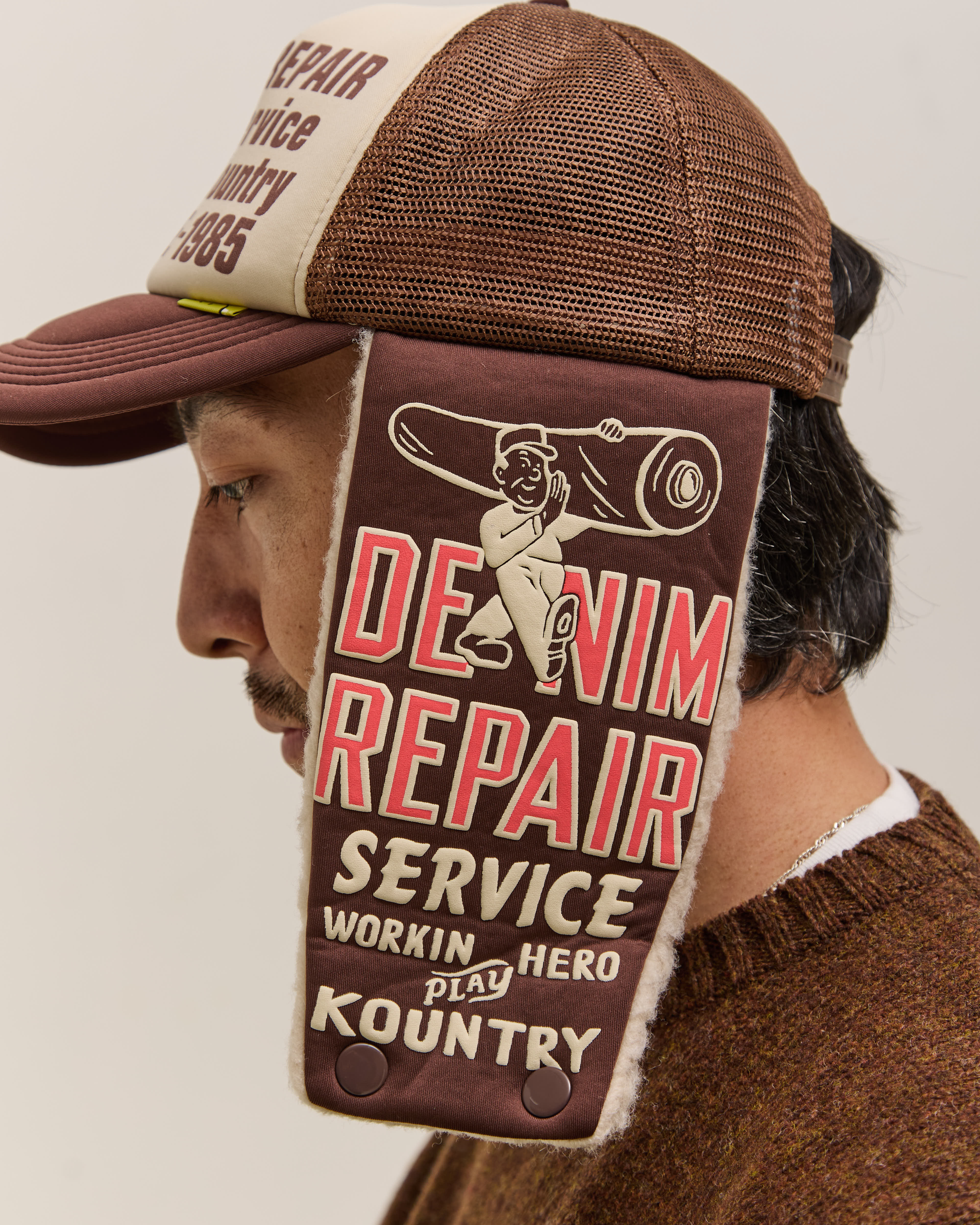 Kapital Denim Repair Service Lumber Trucker Cap, Ecrxbrwn – Glasswing