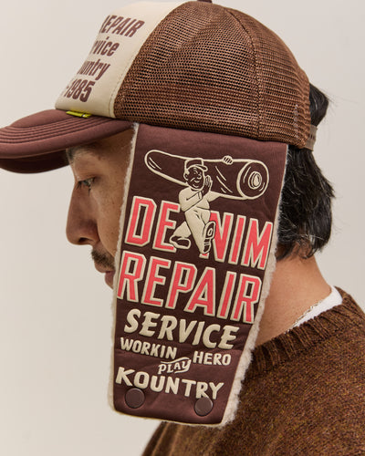 Kapital Denim Repair Service Lumber Trucker Cap, Ecrxbrwn