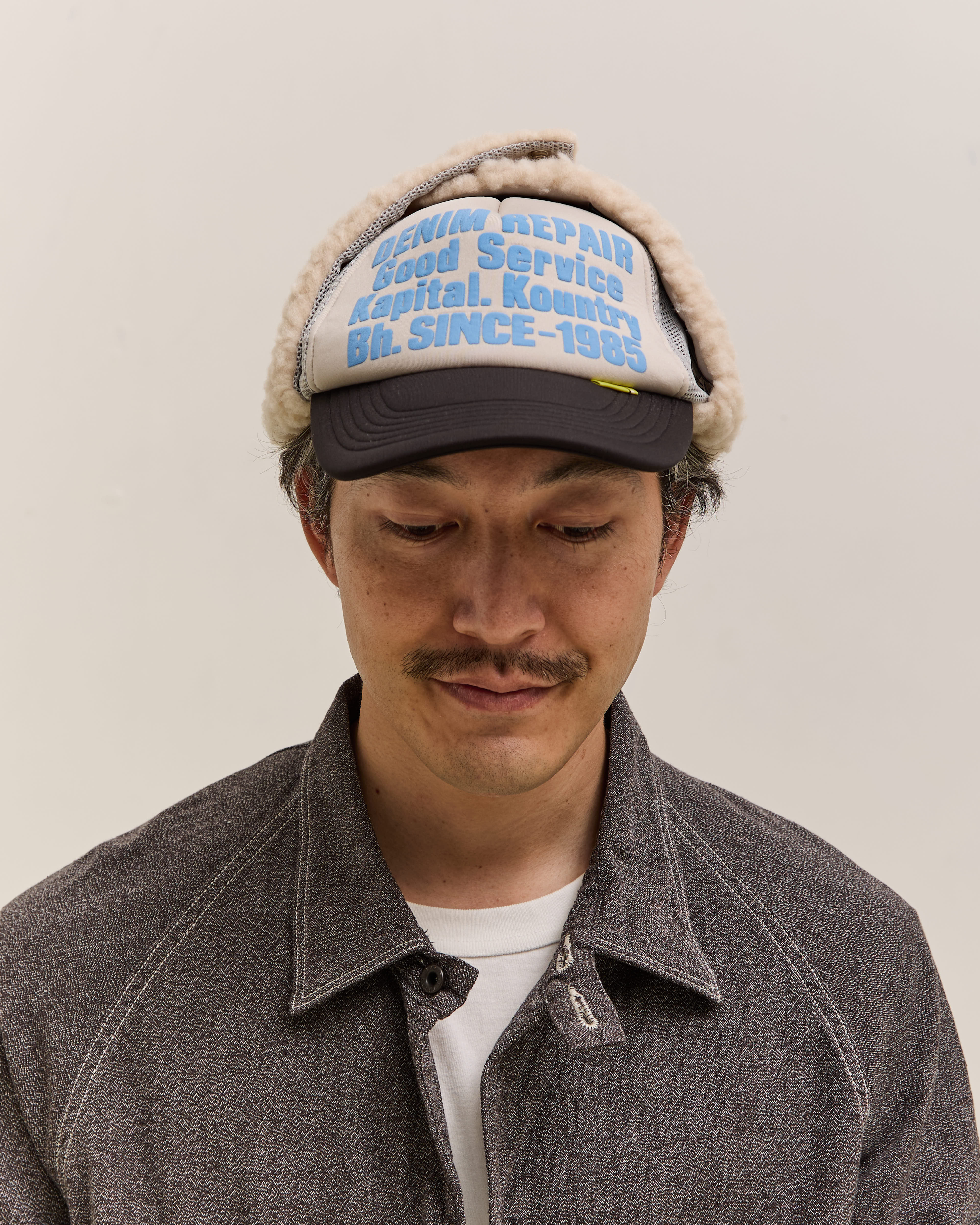 Kapital Denim Repair Service Lumber Trucker Cap, Gryxblk – Glasswing