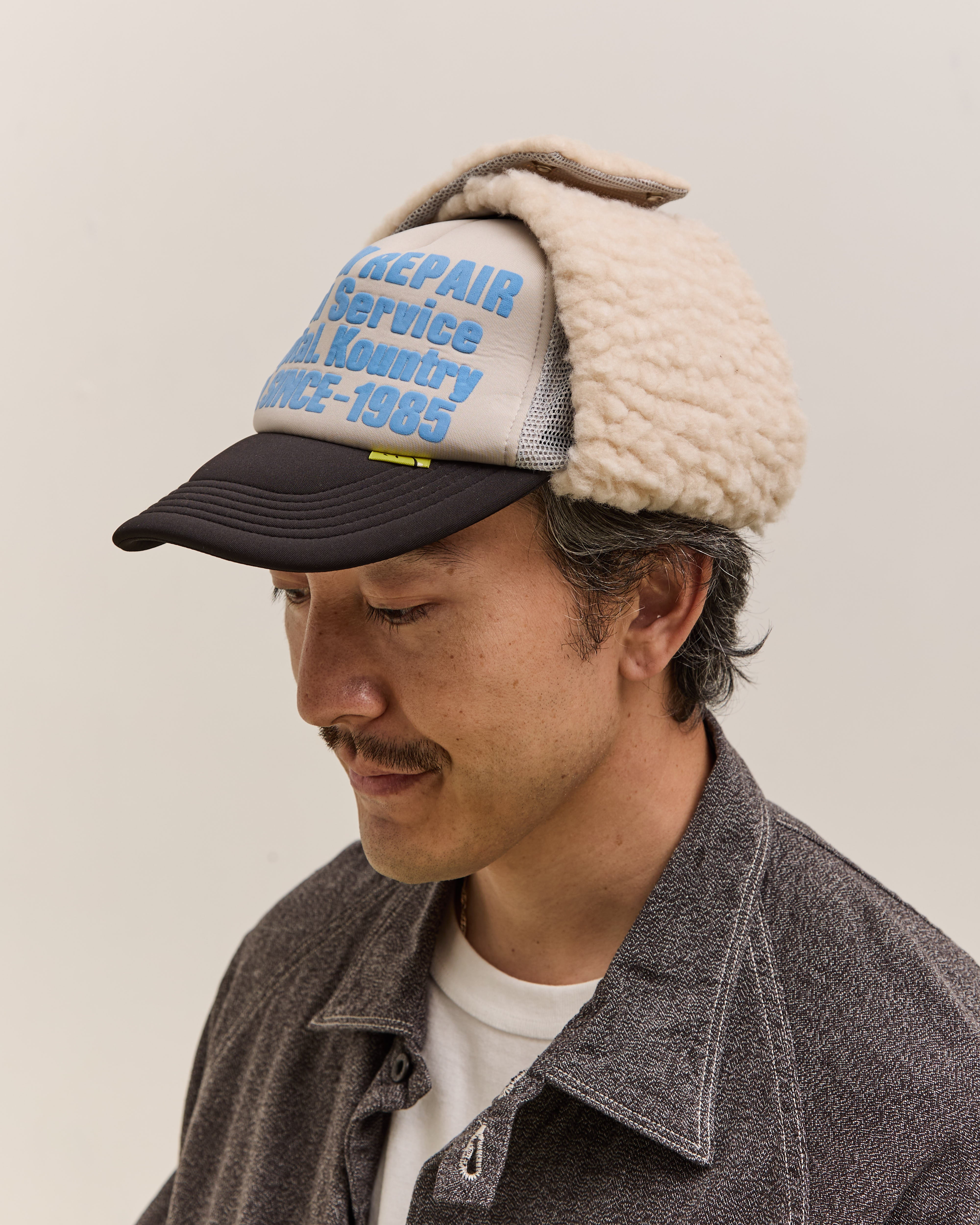 Kapital Denim Repair Service Lumber Trucker Cap, Gryxblk – Glasswing