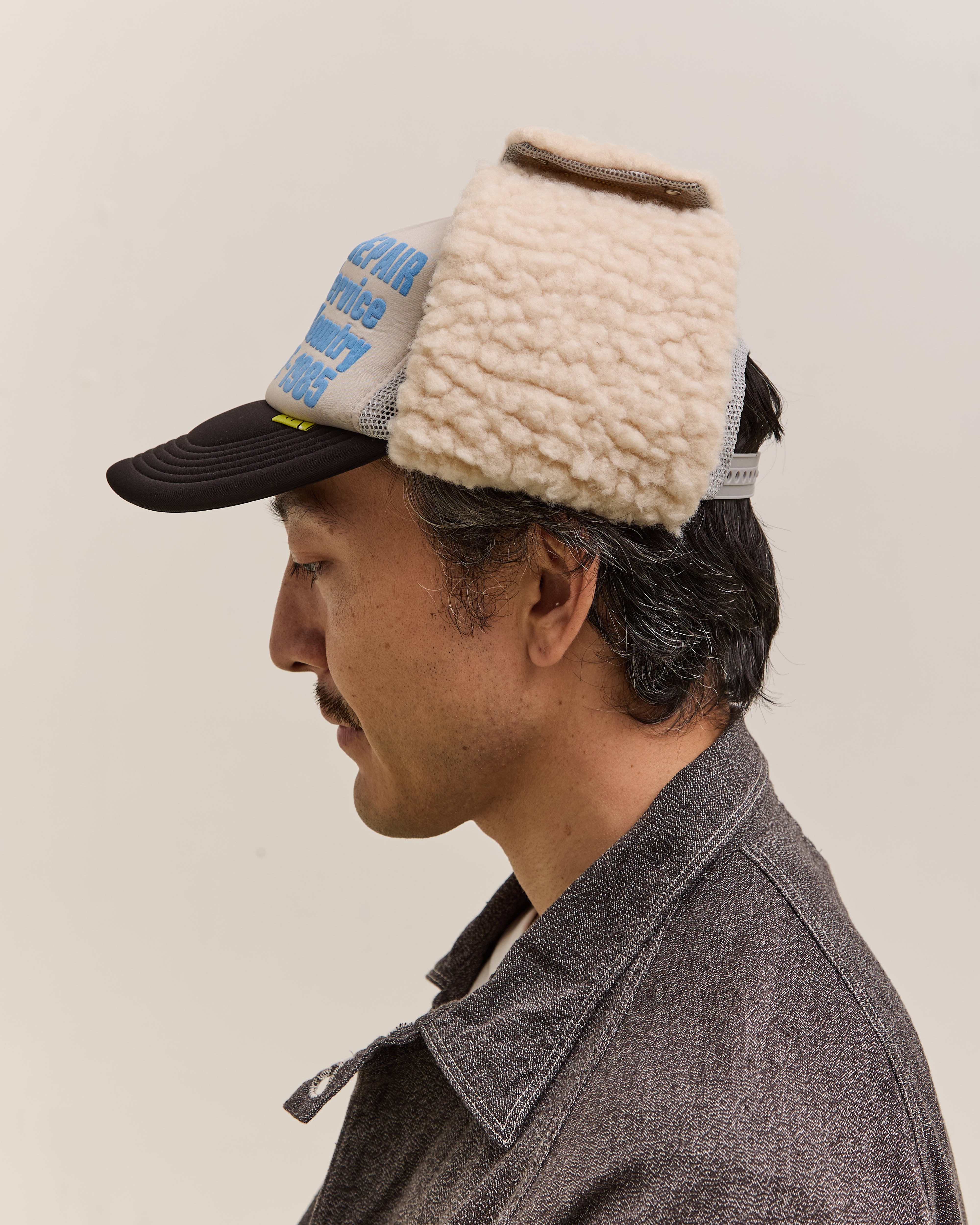 Kapital Denim Repair Service Lumber Trucker Cap, Gryxblk – Glasswing