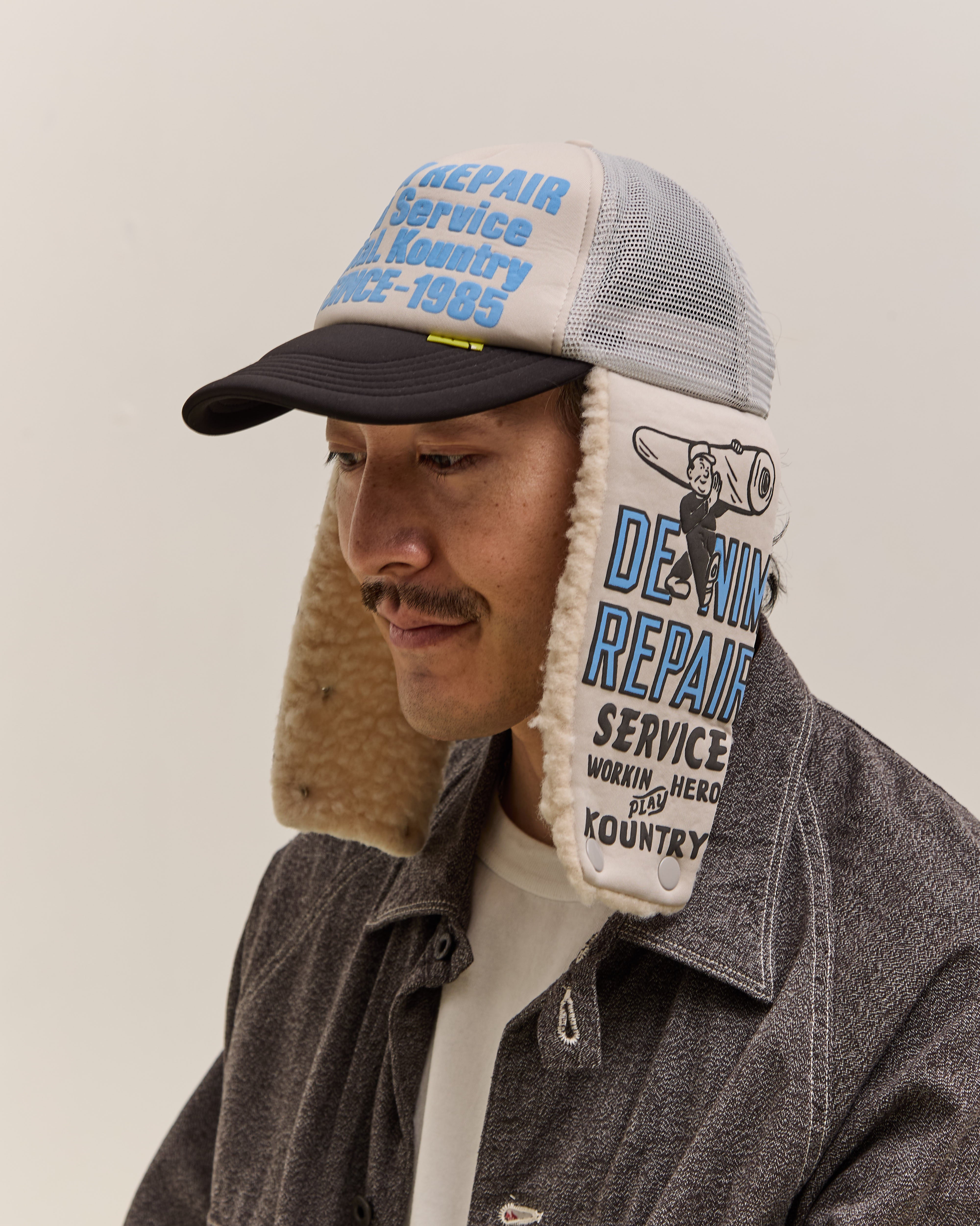 Kapital Denim Repair Service Lumber Trucker Cap, Gryxblk – Glasswing