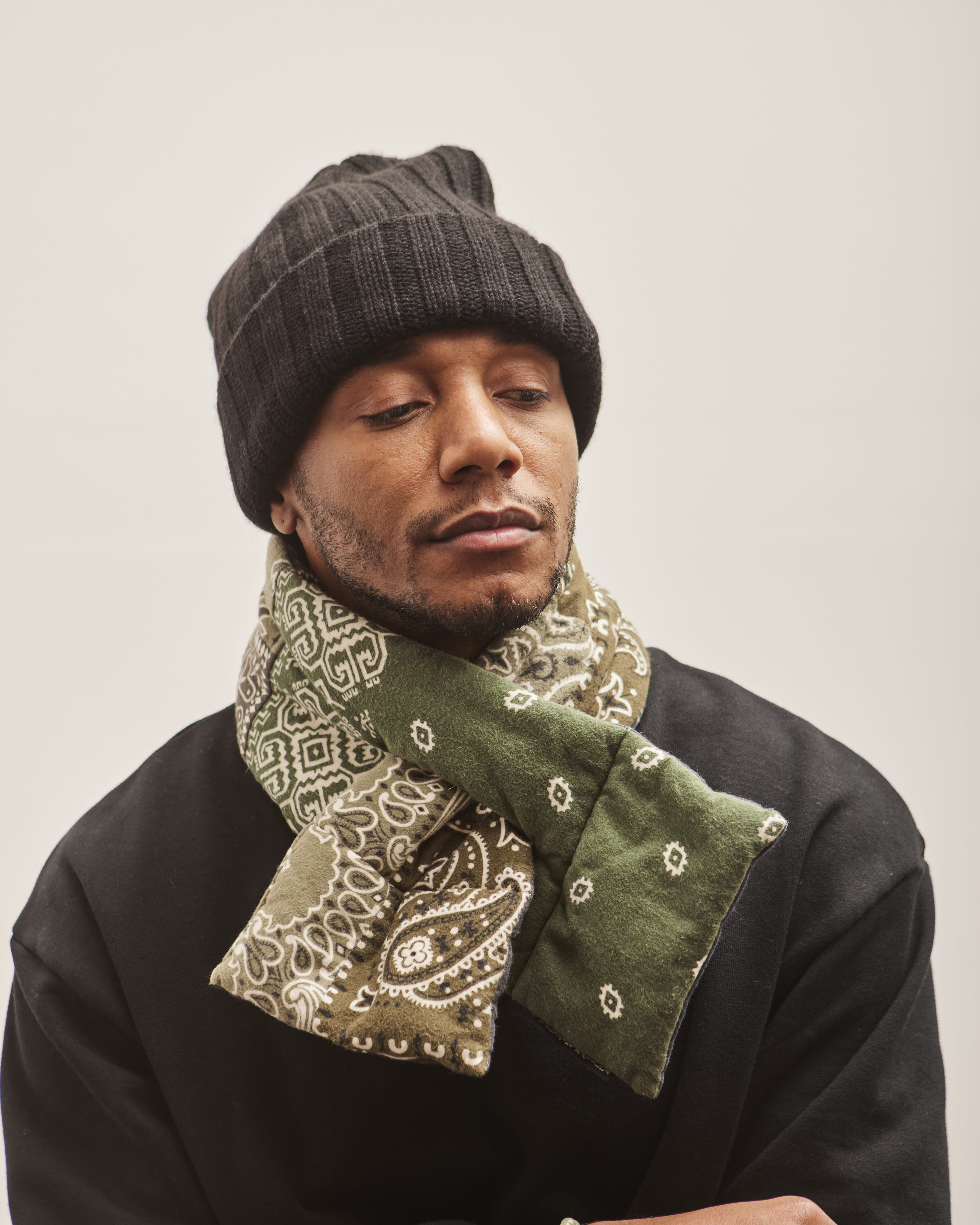 Kapital Flannel Reversible Bandana Kesa Scarf, Black Khaki