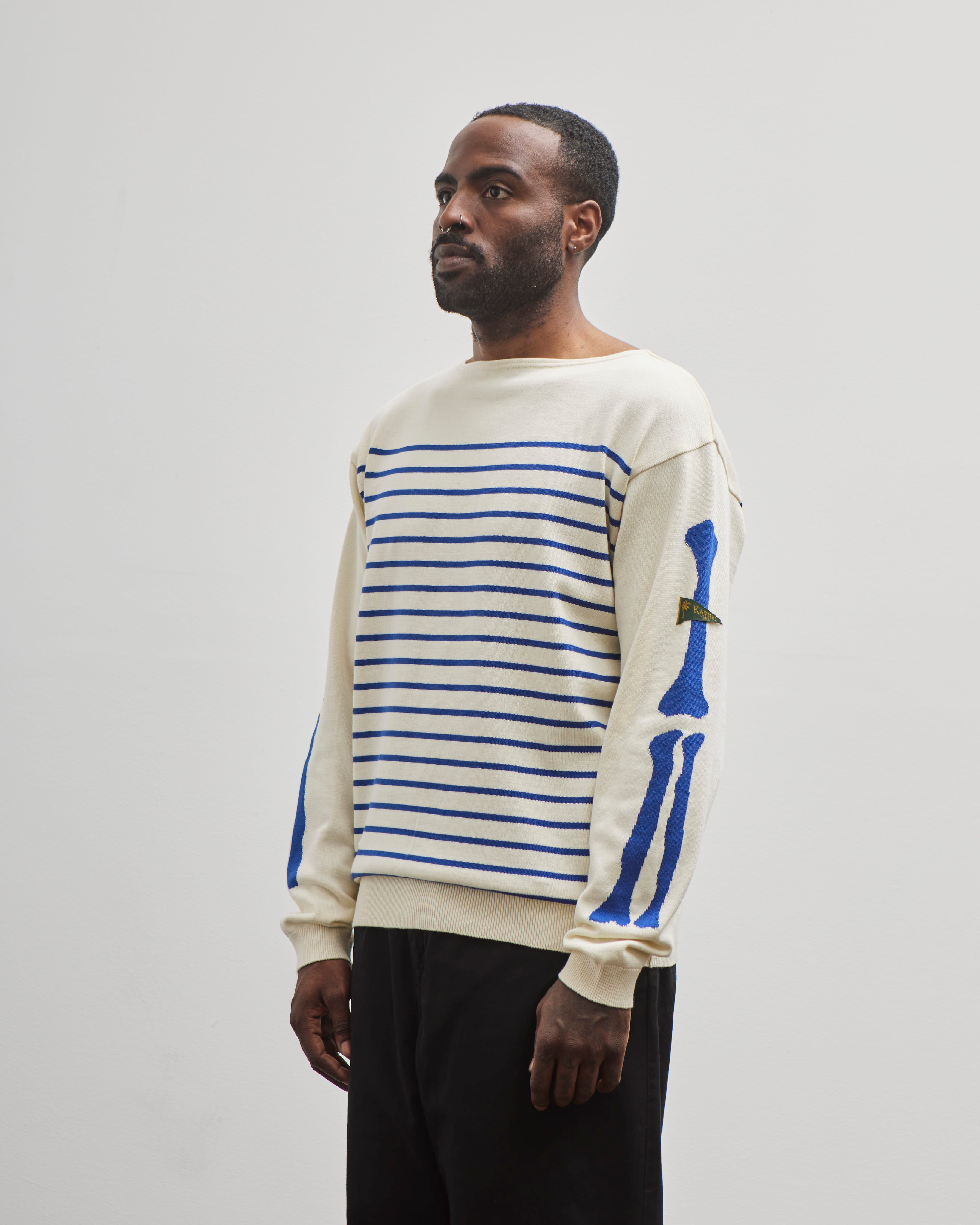 Kapital Unisex 12G Panel Stripe Knit Boat-Neck Sweater (BONE